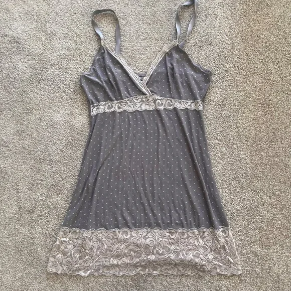 Y2K Grey Babydoll Polka Dot Lace Mini Dress / Lingerie Top XL - Picture 4 of 9
